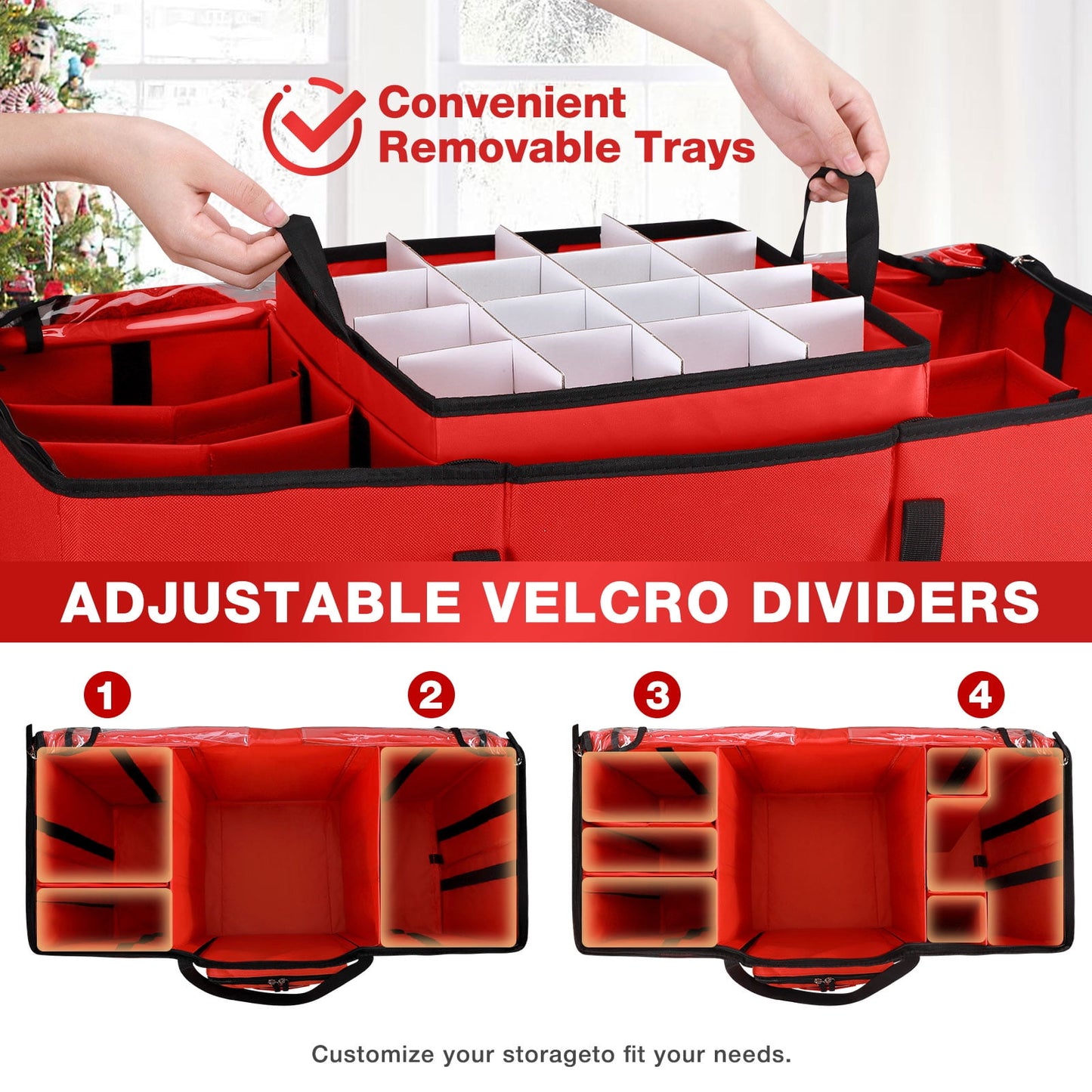 Funbty Premium Christmas Ornament Storage Container with Dividers, Fits Up to 73 Ornaments, 600D Tear Red
