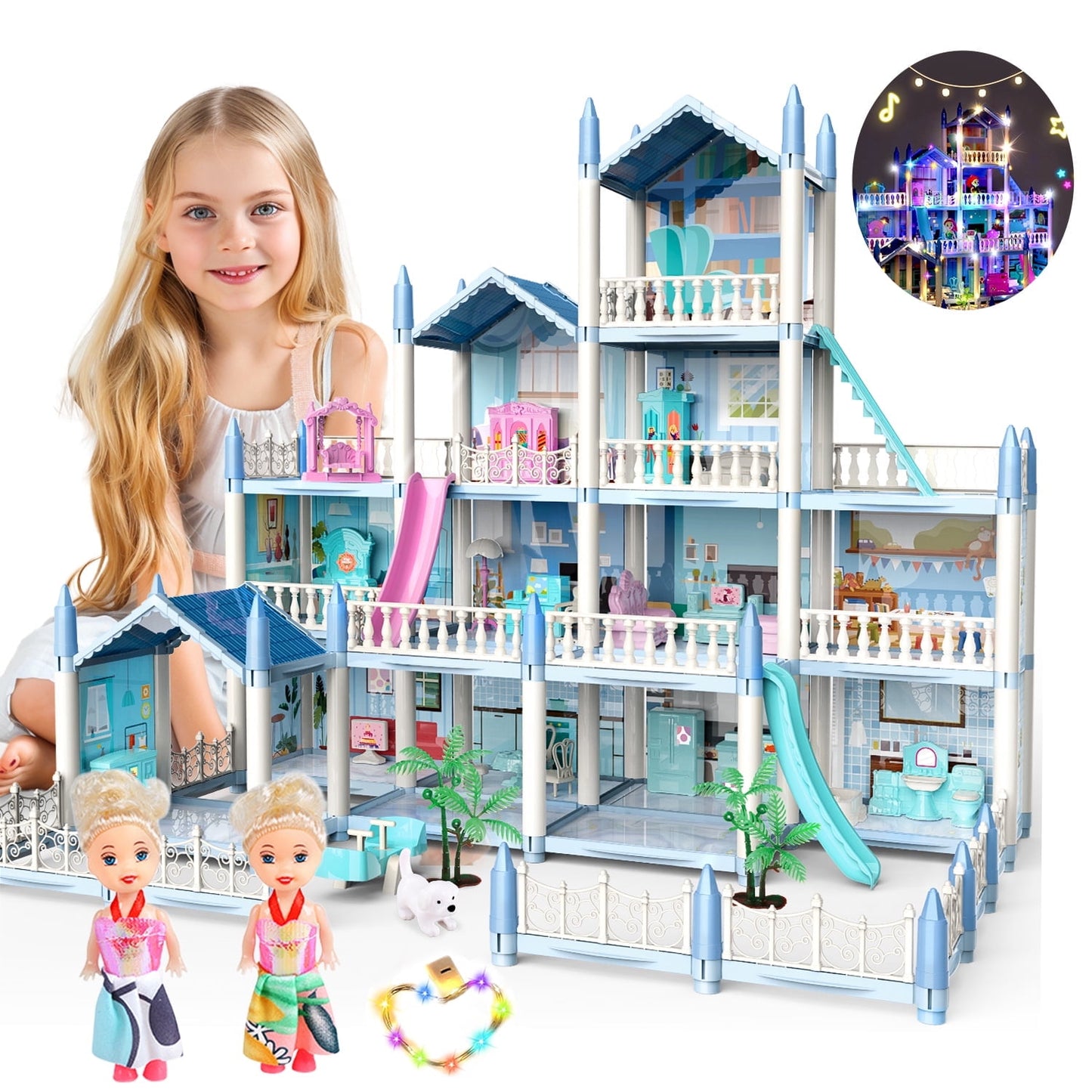 Funbty Dollhouse with Colorful Light, Pretend Play 14 Rooms DIY Playhouse, Kids Doll House with 2 Dolls, Creative Gift for Girls, Blue