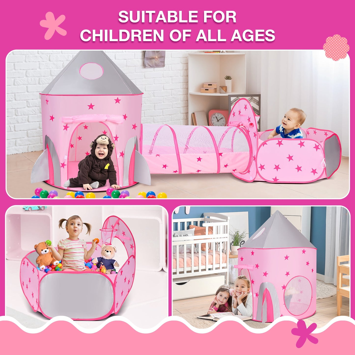 Funbty  Kids Play Tent, 3 in 1 Play Tents Tunnel Set with Ball Pit and Storage Bag, Indoor Outdoor Toy Tent for Toddlers Kids Toy Gifts, Pink (No Ball)
