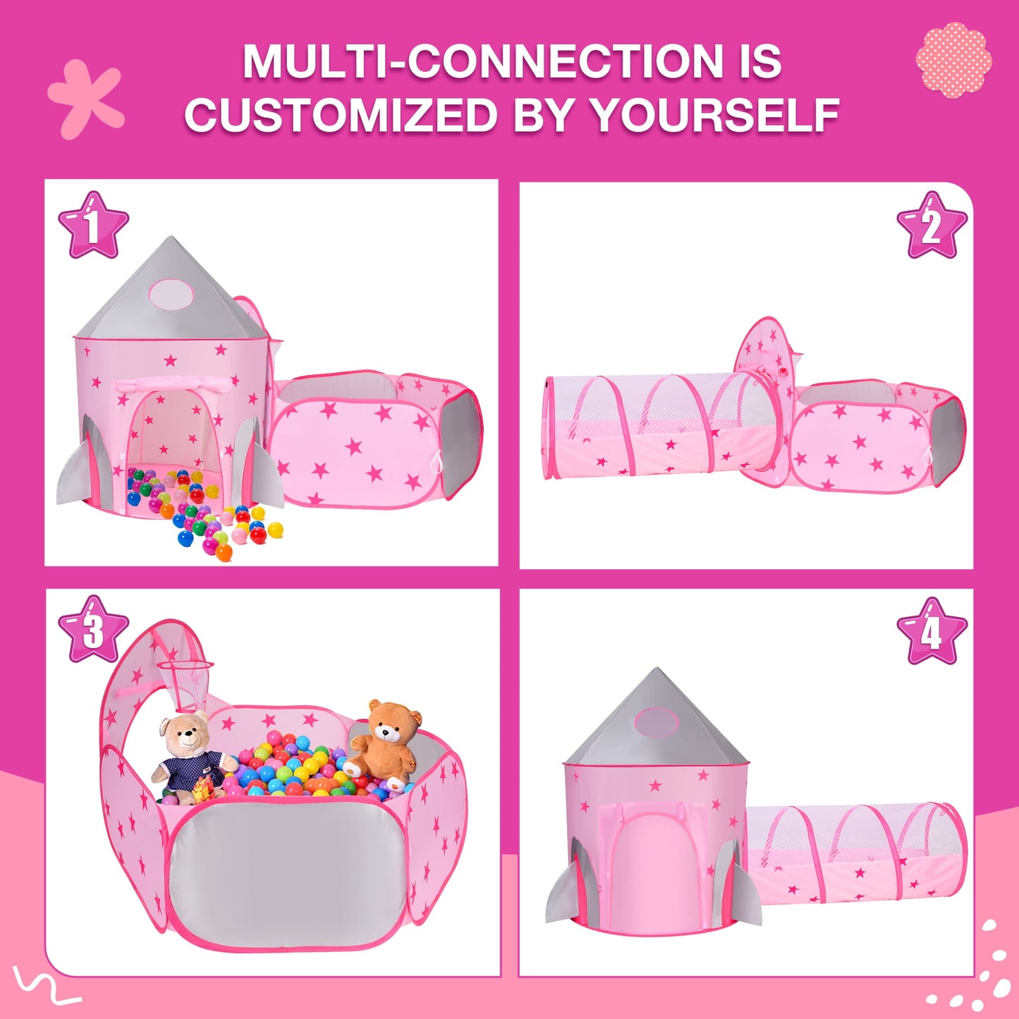 Funbty  Kids Play Tent, 3 in 1 Play Tents Tunnel Set with Ball Pit and Storage Bag, Indoor Outdoor Toy Tent for Toddlers Kids Toy Gifts, Pink (No Ball)