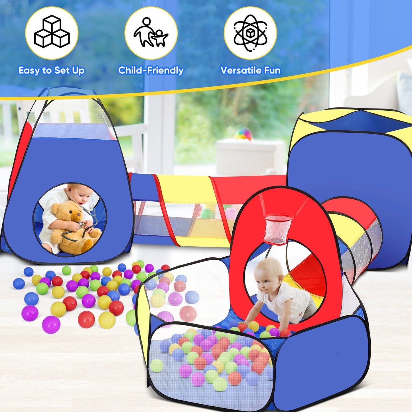 Funbty  5 in 1 Kids Play Tent and Tunnels - Ball Pit for Toddlers, Basketball Hoop, 2 Crawl Tunnels, 2Pop-Up Playhouses Tent Set for Boys Girls Kids(No Ball)