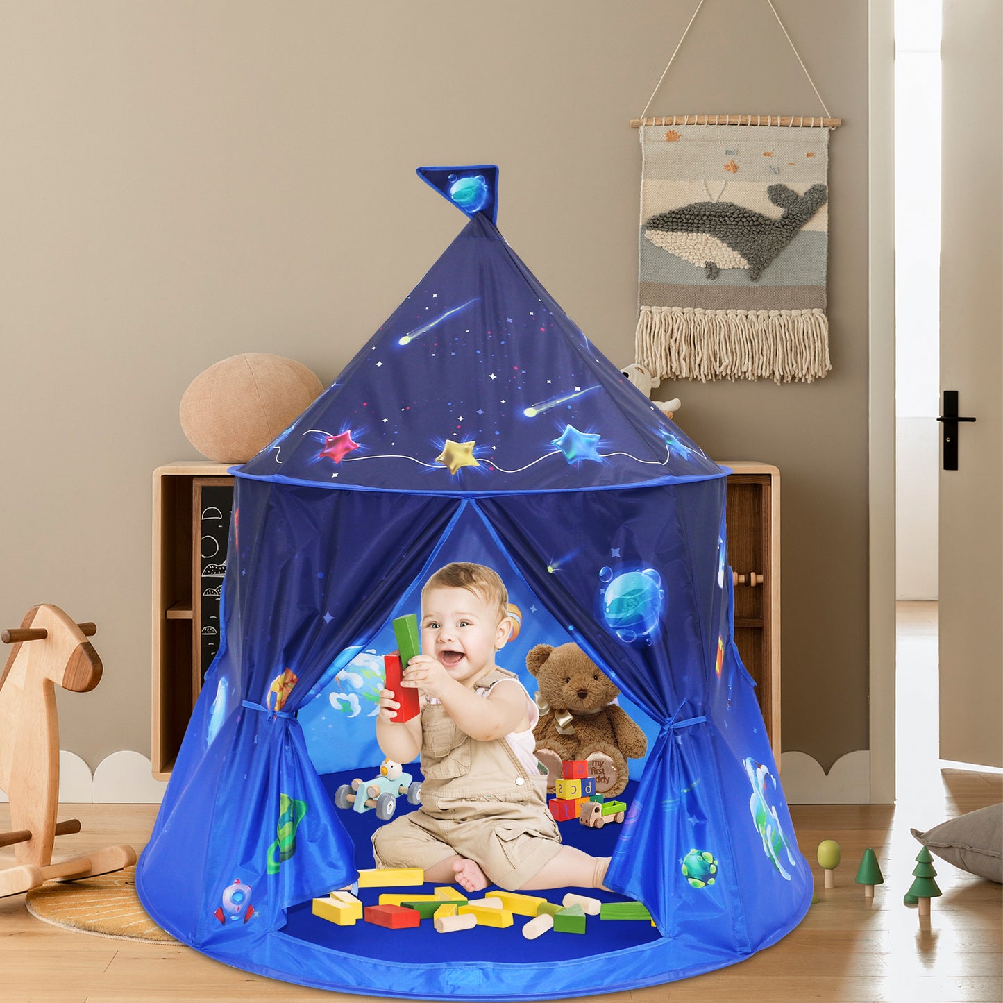 Funbty  Rocket Ship Kids Play Tent, Unique Space and Planet Playhouse Foldable Pop Up Tent Toy for Boys Girls Indoor & Outdoor Children Birthday Gifts