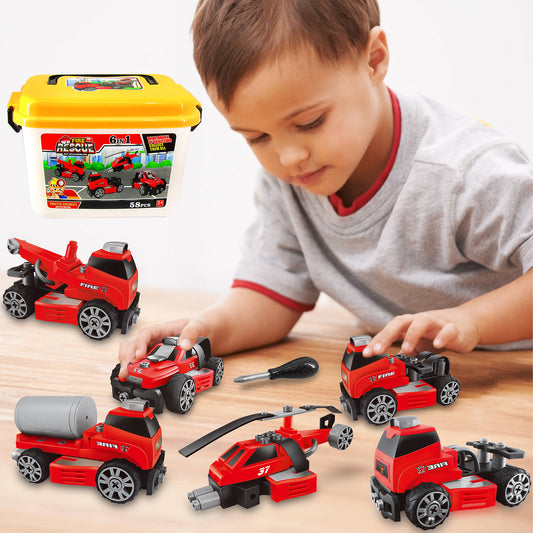 Funbty 6-in-1 Take Apart Fire Truck Toy with Storage Box - Builds Emergency Rescue Vehicle, Fire Truck, Car & Helicopter - STEM Learning Toy & DIY Building Play Set for Kids