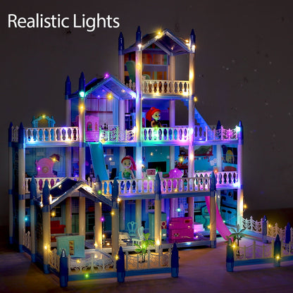 Funbty Dollhouse with Colorful Light, Pretend Play 14 Rooms DIY Playhouse, Kids Doll House with 2 Dolls, Creative Gift for Girls, Blue