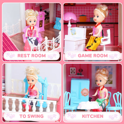 Funbty DollHouse with Colorful Light, Pretend Play Toddler Doll House Furniture Sets with 3 Dolls, 9 Rooms DIY , Creative Gift for Girls