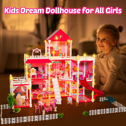 Funbty  DollHouse with Colorful Light and 8 Rooms for Girl, Huge Doll House DIY Pretend Toy, Princess House for Kids Gifts Ages 4-8