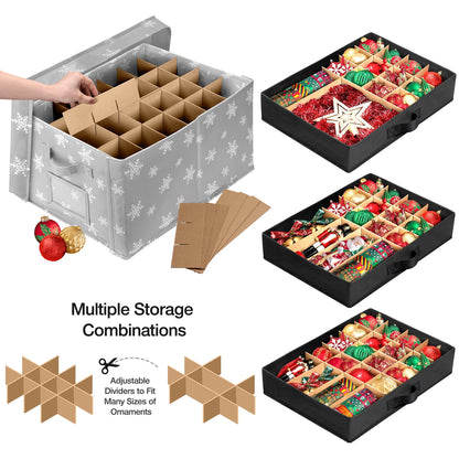 Funbty Premium Large Christmas Ornament Storage Box, Christmas Ornament Organizer, with Side Open, 3 Removable Trays - Keeps 72 Holiday Ornaments, Grey with Snowflake