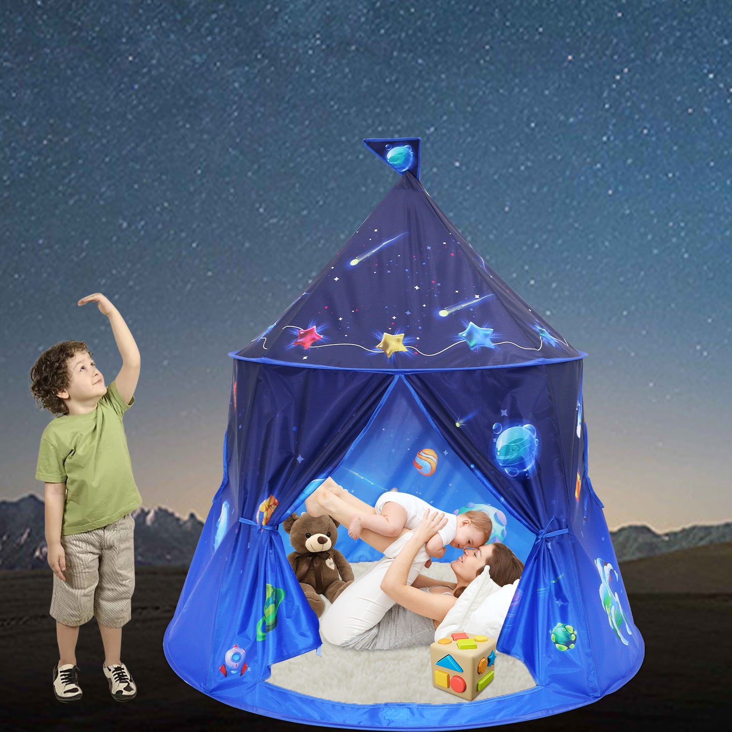 Funbty  Rocket Ship Kids Play Tent, Unique Space and Planet Playhouse Foldable Pop Up Tent Toy for Boys Girls Indoor & Outdoor Children Birthday Gifts