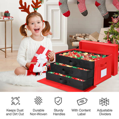 Funbty Premium Large Christmas Ornament Storage Box, Christmas Ornament Organizer, with Side Open, 3 Removable Trays - Keeps 72 Holiday Ornaments, Red