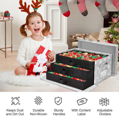 Funbty Premium Large Christmas Ornament Storage Box, Christmas Ornament Organizer, with Side Open, 3 Removable Trays - Keeps 72 Holiday Ornaments, Grey with Snowflake
