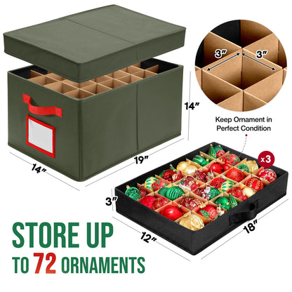 Funbty Premium Large Christmas Ornament Storage Box, Christmas Ornament Organizer, with Side Open, 3 Removable Trays -Keeps 72 Holiday Ornaments, Green