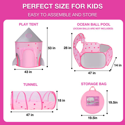Funbty  Kids Play Tent, 3 in 1 Play Tents Tunnel Set with Ball Pit and Storage Bag, Indoor Outdoor Toy Tent for Toddlers Kids Toy Gifts, Pink (No Ball)