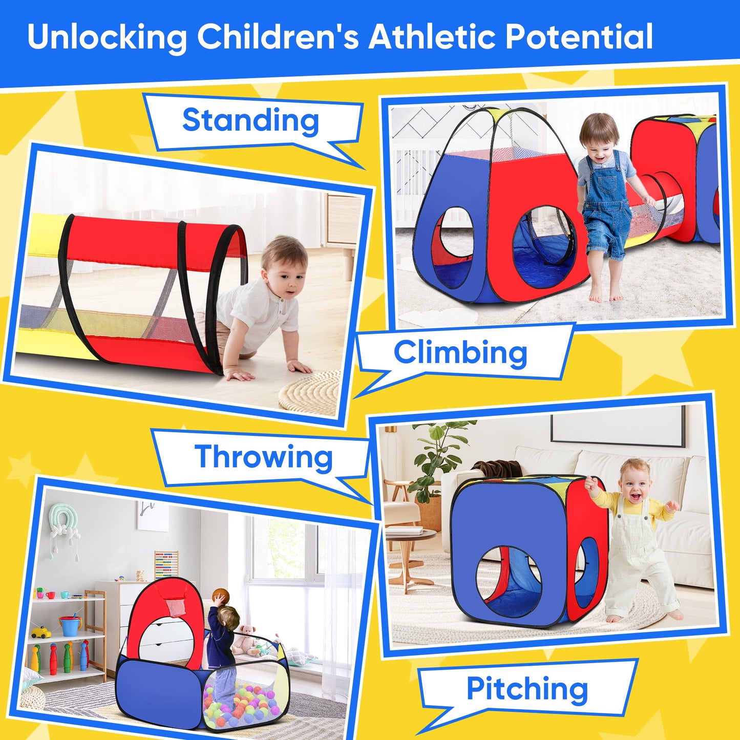 Funbty  5 in 1 Kids Play Tent and Tunnels - Ball Pit for Toddlers, Basketball Hoop, 2 Crawl Tunnels, 2Pop-Up Playhouses Tent Set for Boys Girls Kids(No Ball)