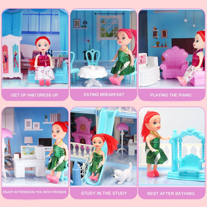 Funbty Dollhouse with Colorful Light, Pretend Play 14 Rooms DIY Playhouse, Kids Doll House with 2 Dolls, Creative Gift for Girls, Blue