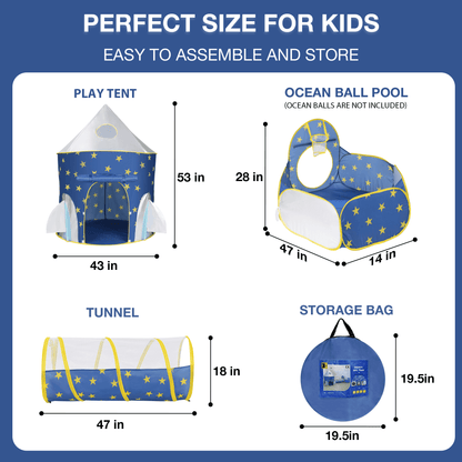 Funbty Kids Play Tent, 3 in 1 Play Tents Tunnel Set with Ball Pit and Storage Bag, Indoor Outdoor Toy Tent for Toddlers Kids Toy Gifts, Blue (No Ball)