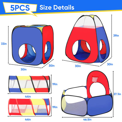 Funbty  5 in 1 Kids Play Tent and Tunnels - Ball Pit for Toddlers, Basketball Hoop, 2 Crawl Tunnels, 2Pop-Up Playhouses Tent Set for Boys Girls Kids(No Ball)