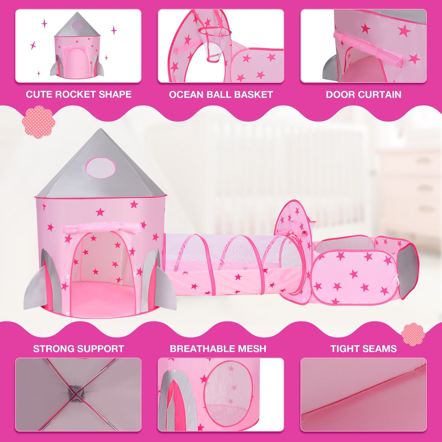 Funbty  Kids Play Tent, 3 in 1 Play Tents Tunnel Set with Ball Pit and Storage Bag, Indoor Outdoor Toy Tent for Toddlers Kids Toy Gifts, Pink (No Ball)