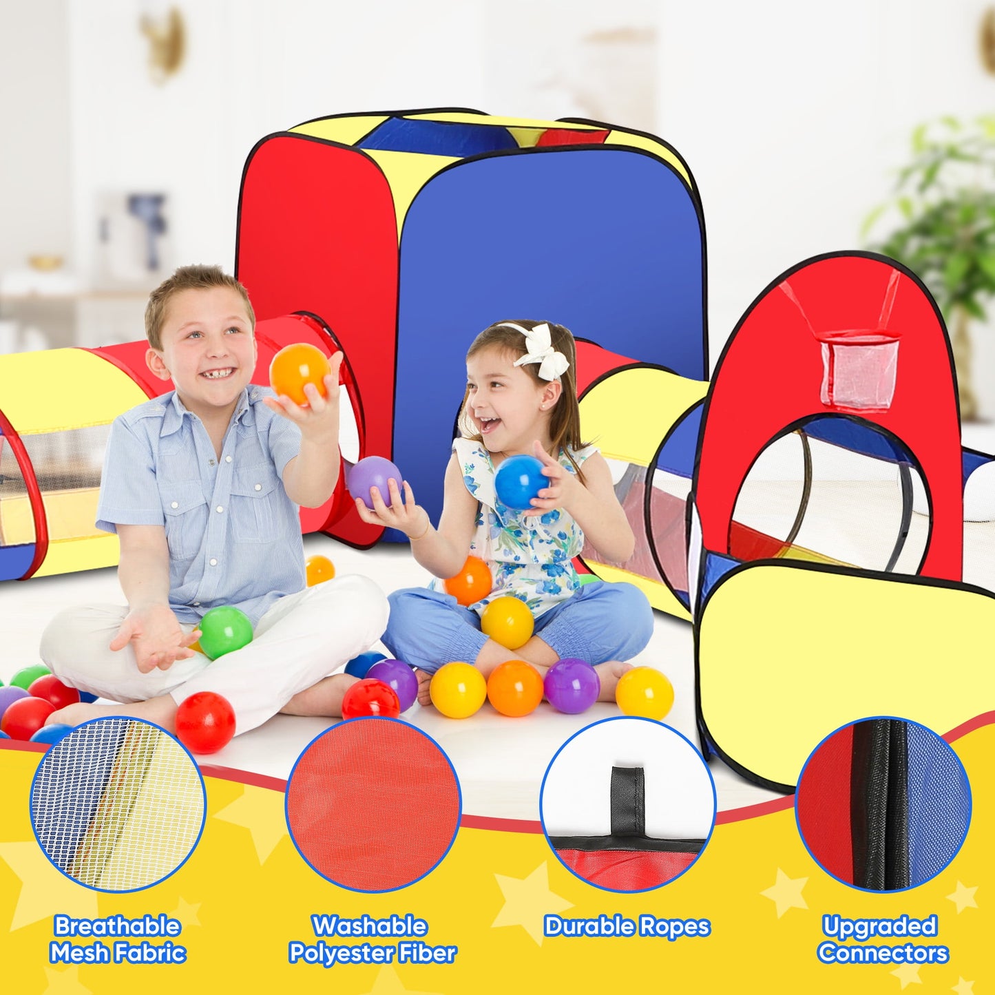 Funbty  5 in 1 Kids Play Tent and Tunnels - Ball Pit for Toddlers, Basketball Hoop, 2 Crawl Tunnels, 2Pop-Up Playhouses Tent Set for Boys Girls Kids(No Ball)