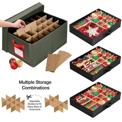 Funbty Premium Large Christmas Ornament Storage Box, Christmas Ornament Organizer, with Side Open, 3 Removable Trays -Keeps 72 Holiday Ornaments, Green