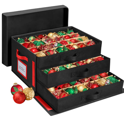 Funbty Premium Large Christmas Ornament Storage Box, Christmas Ornament Organizer, with Side Open, 3 Removable Trays - Keeps 72 Holiday Ornaments, Black