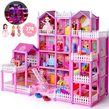 Funbty  DollHouse with Colorful Light, Pretend Play Toddler Doll House Furniture Sets with 3 Dolls, 20 Rooms DIY house, Creative Gift for Girls, Pink