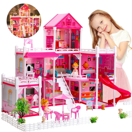 Funbty  DollHouse with Colorful Light and 8 Rooms for Girl, Huge Doll House DIY Pretend Toy, Princess House for Kids Gifts Ages 4-8