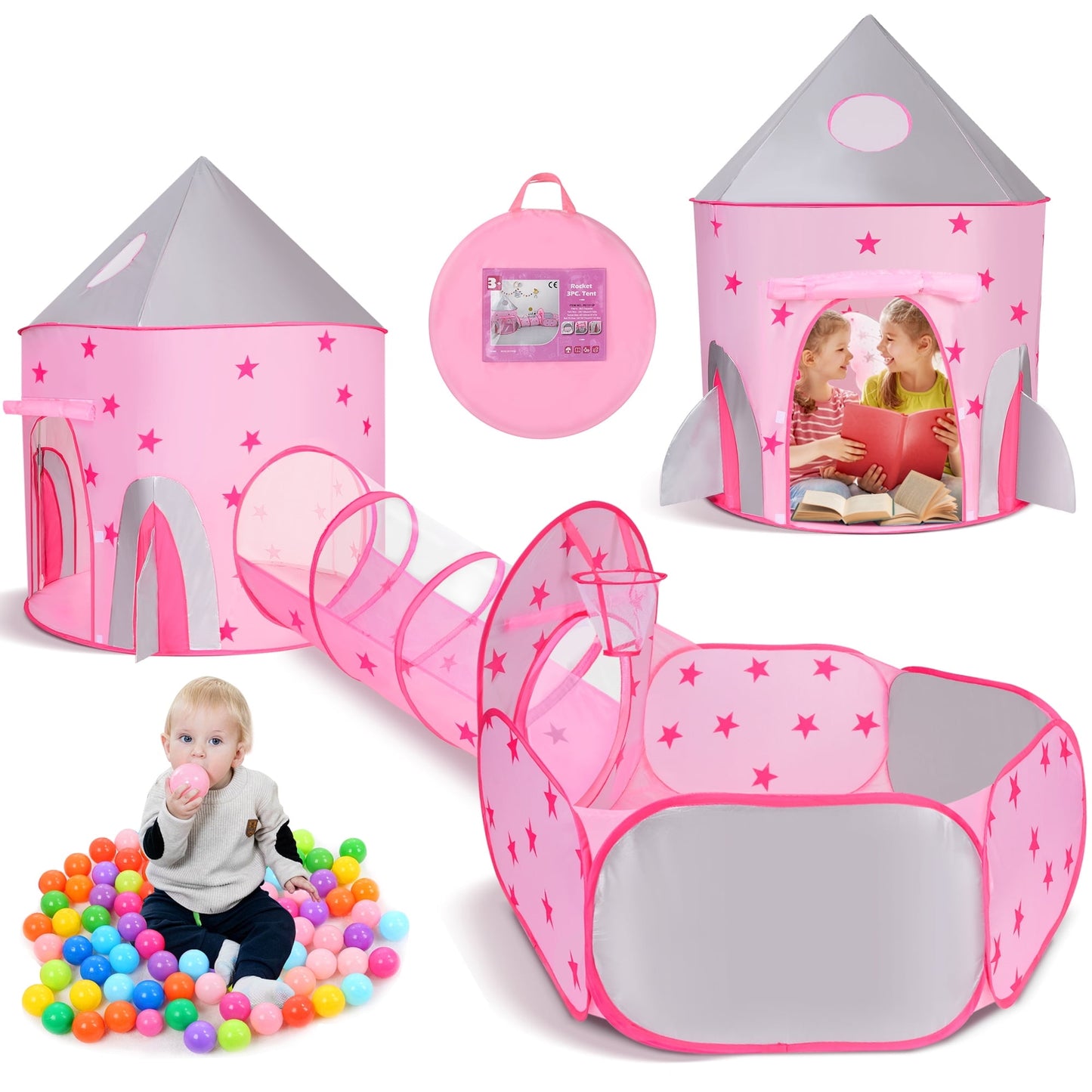 Funbty  Kids Play Tent, 3 in 1 Play Tents Tunnel Set with Ball Pit and Storage Bag, Indoor Outdoor Toy Tent for Toddlers Kids Toy Gifts, Pink (No Ball)