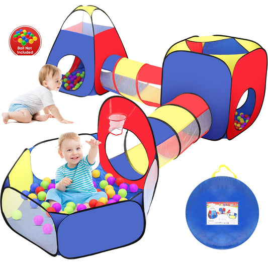 Funbty  5 in 1 Kids Play Tent and Tunnels - Ball Pit for Toddlers, Basketball Hoop, 2 Crawl Tunnels, 2Pop-Up Playhouses Tent Set for Boys Girls Kids(No Ball)
