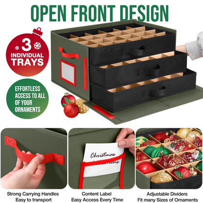 Funbty Premium Large Christmas Ornament Storage Box, Christmas Ornament Organizer, with Side Open, 3 Removable Trays -Keeps 72 Holiday Ornaments, Green