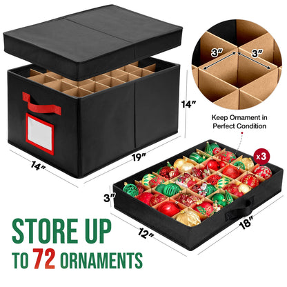 Funbty Premium Large Christmas Ornament Storage Box, Christmas Ornament Organizer, with Side Open, 3 Removable Trays - Keeps 72 Holiday Ornaments, Black