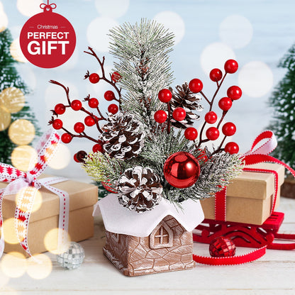 Funbty Artificial Mini Tabletop Christmas Tree Decorations with Christmas Ornaments, Small Christmas Tree for Home Party Thankgivings Christmas Decor Indoor, Red
