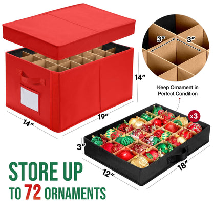 Funbty Premium Large Christmas Ornament Storage Box, Christmas Ornament Organizer, with Side Open, 3 Removable Trays - Keeps 72 Holiday Ornaments, Red
